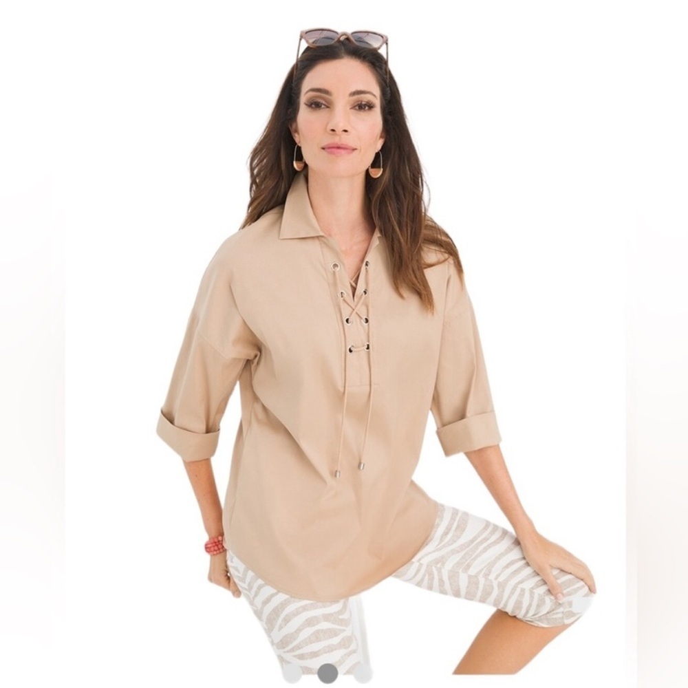 Chico’s Sz 3 (16/18) Doleman Popover Poplin Blouse Beige Front Cross Tie NWT